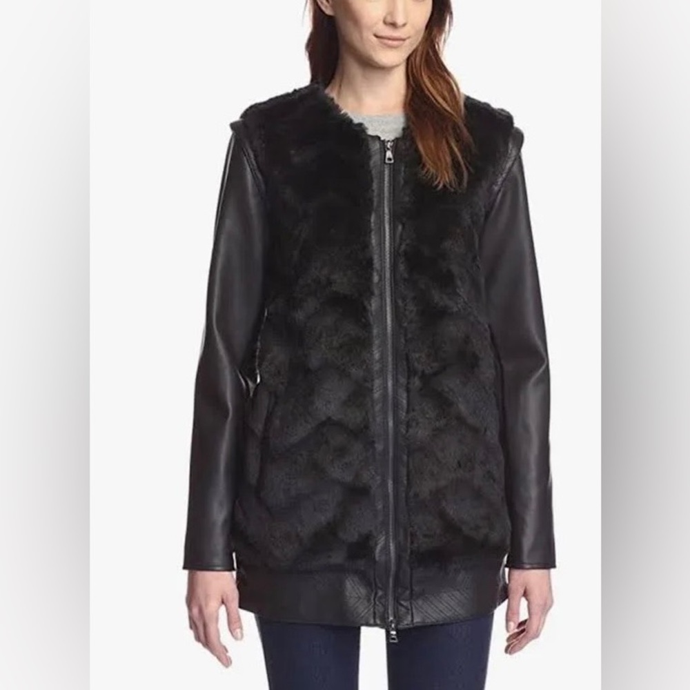 Sam Edelman Charlie Black Faux Fur Coat with Detachable Faux Leather Sleeves, M
